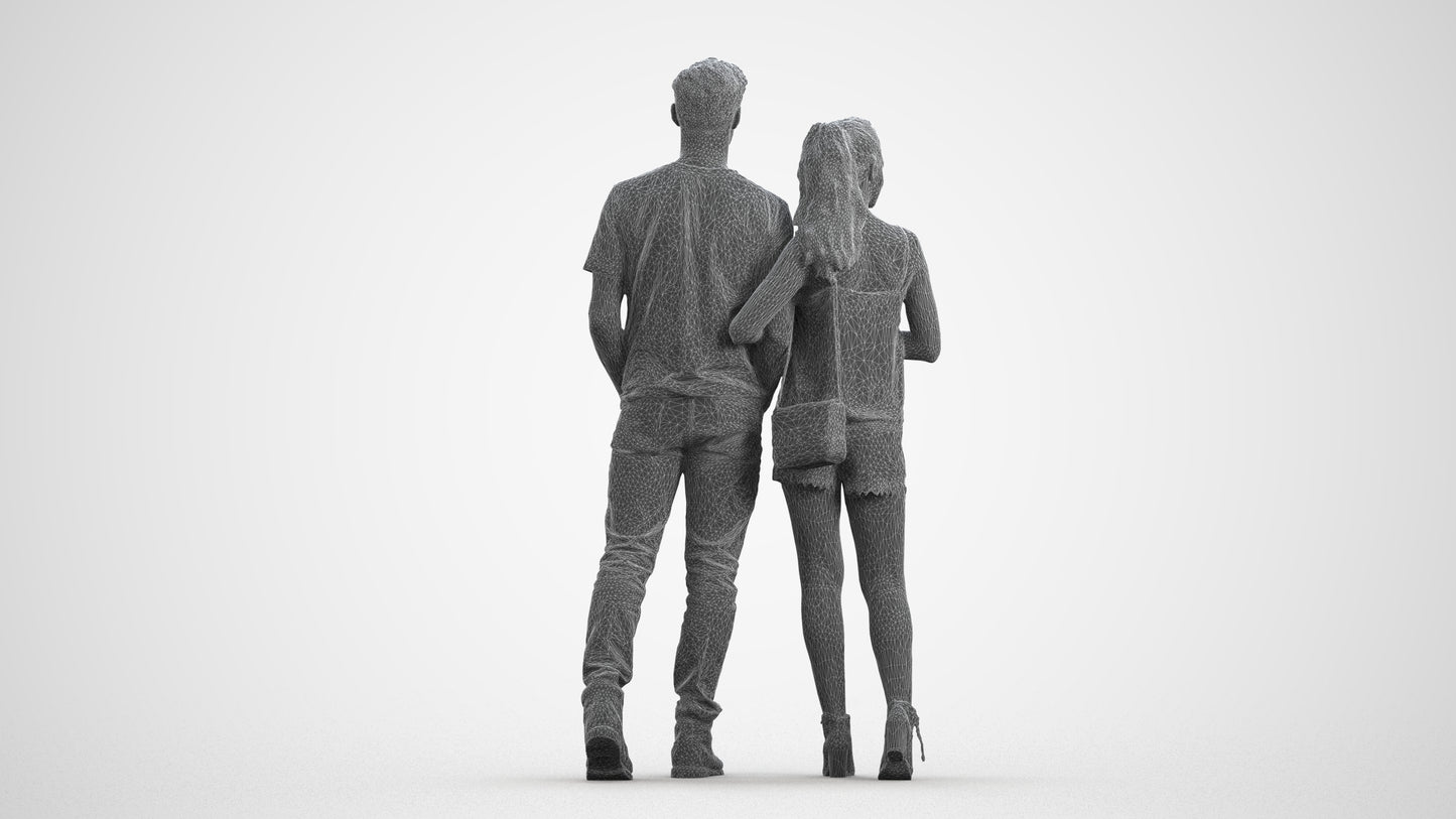 realistic 3D people woman casual couple, render-ready for V-Ray and Corona, FBX OBJ, wireframe front view