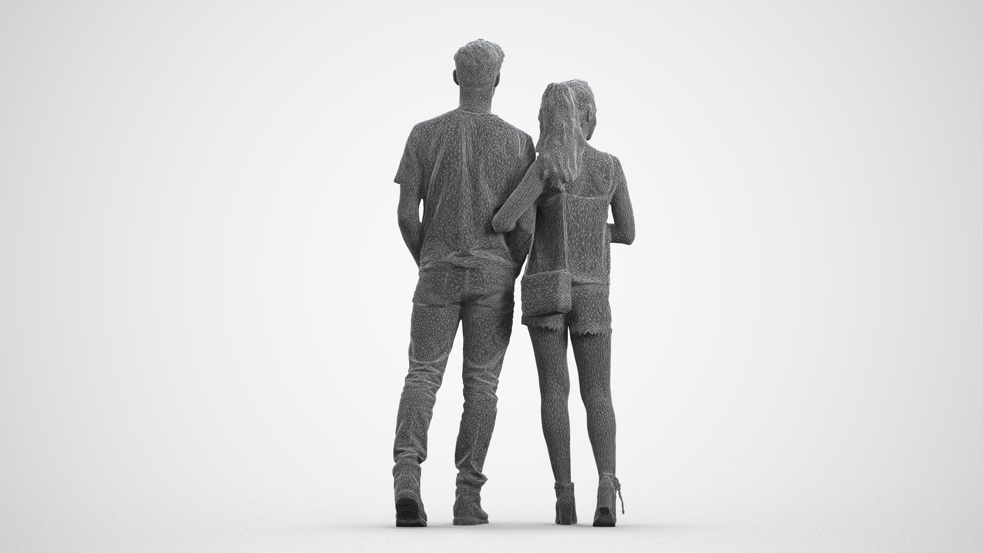 realistic 3D people woman casual couple, render-ready for V-Ray and Corona, FBX OBJ, wireframe front view