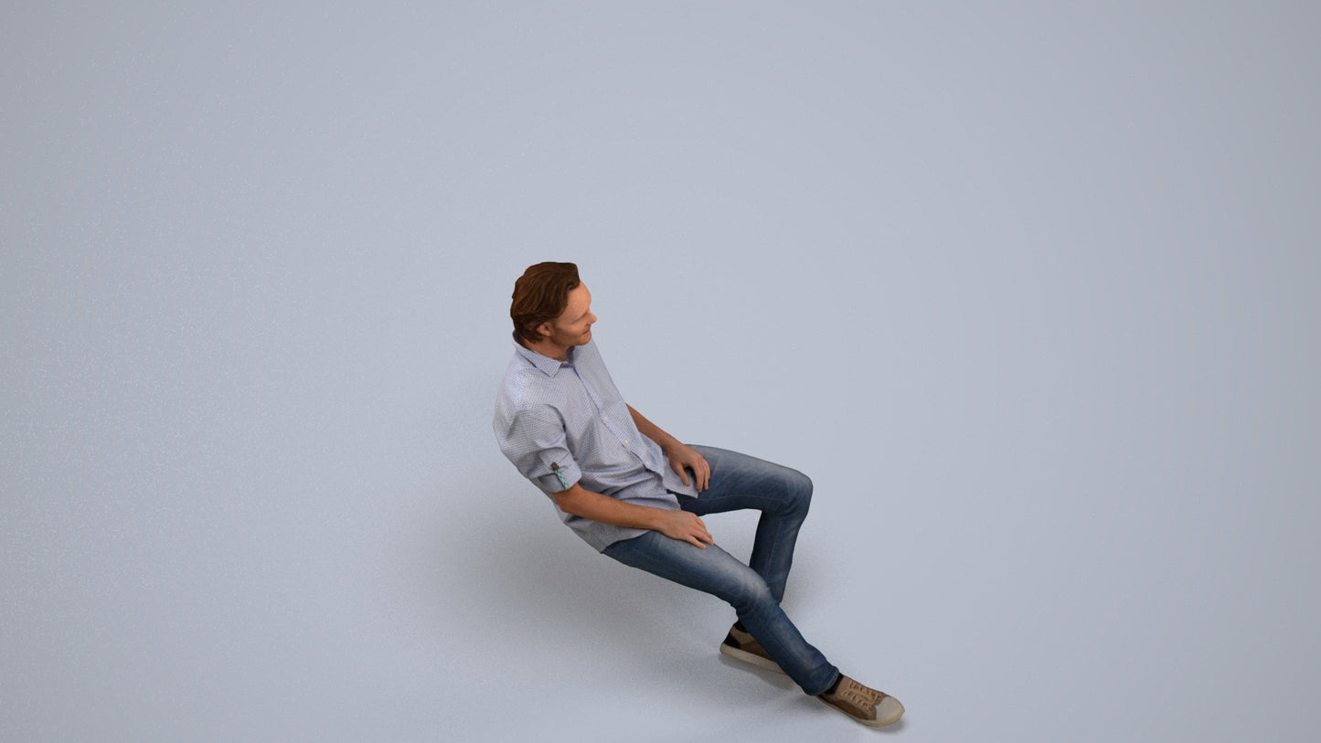 realistic 3D human man casual sitting, archviz people FBX OBJ for Blender, back view render