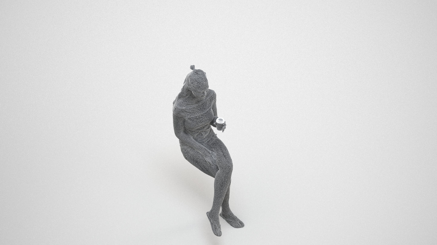 realistic 3D people girl casual sitting, render-ready for V-Ray and Corona, FBX OBJ, wireframe three-quarter view