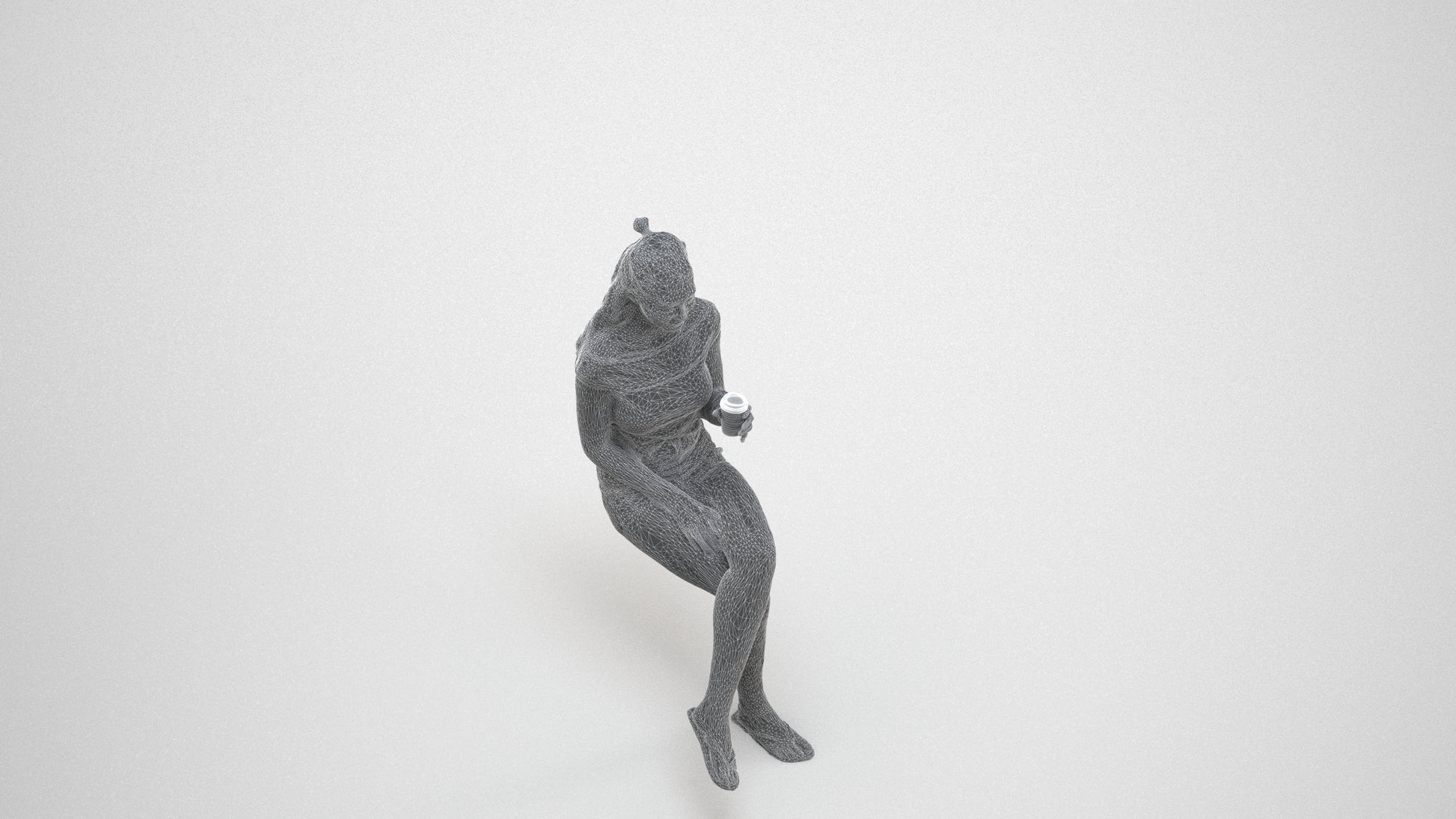 realistic 3D people girl casual sitting, render-ready for V-Ray and Corona, FBX OBJ, wireframe three-quarter view