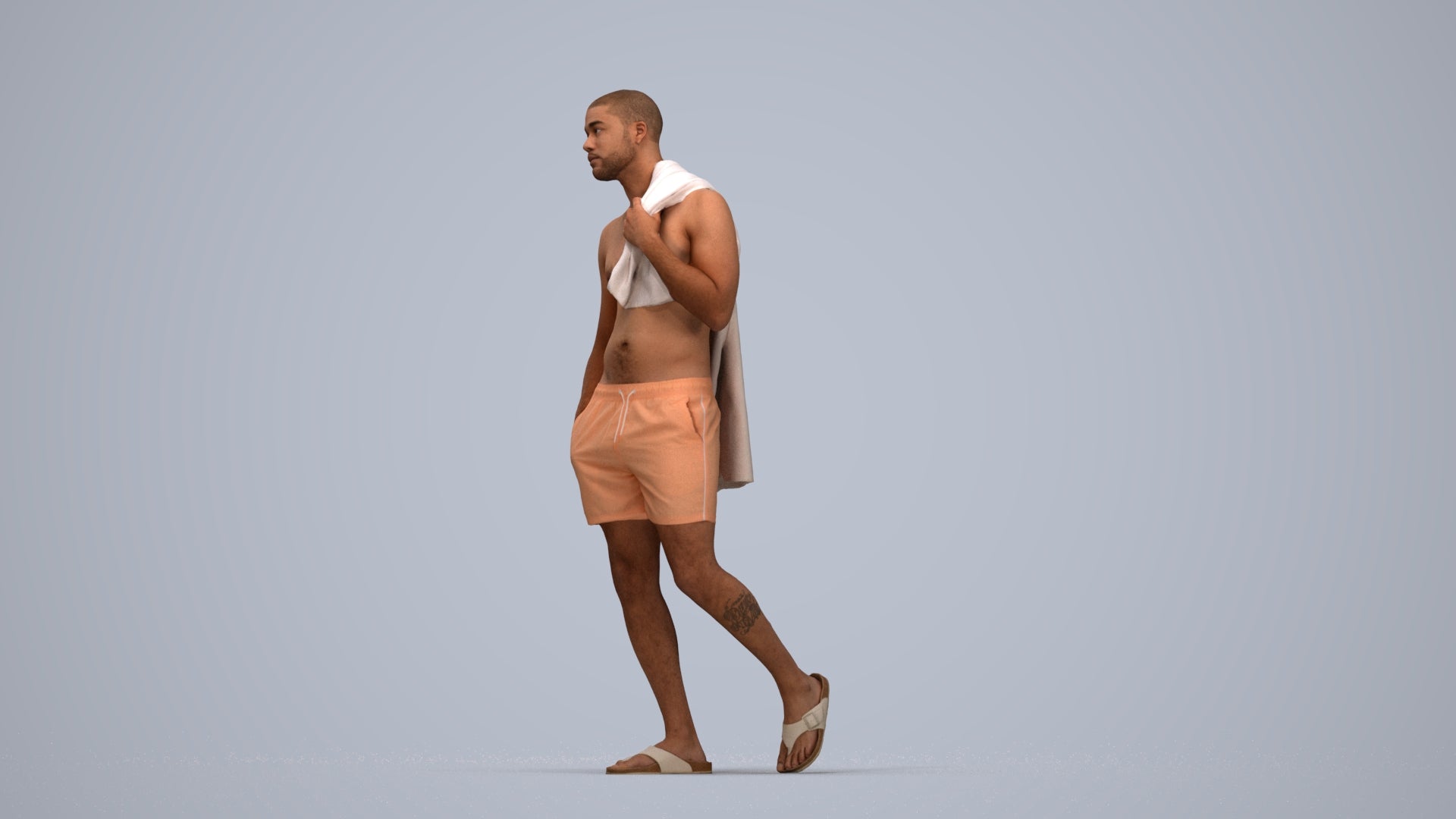 3D human model man pool, photogrammetry scanned person for archviz, top-down view render