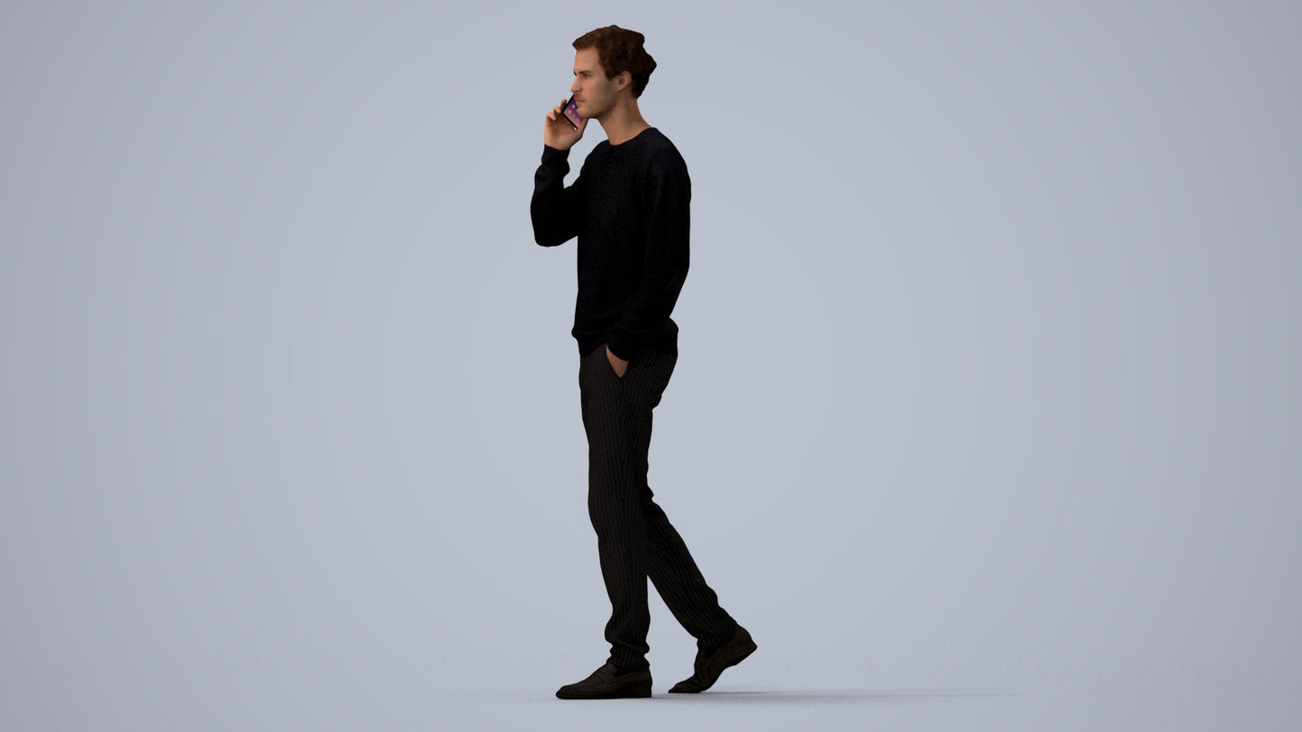 3D human model man casual walking, photogrammetry scanned person for archviz, three-quarter view render