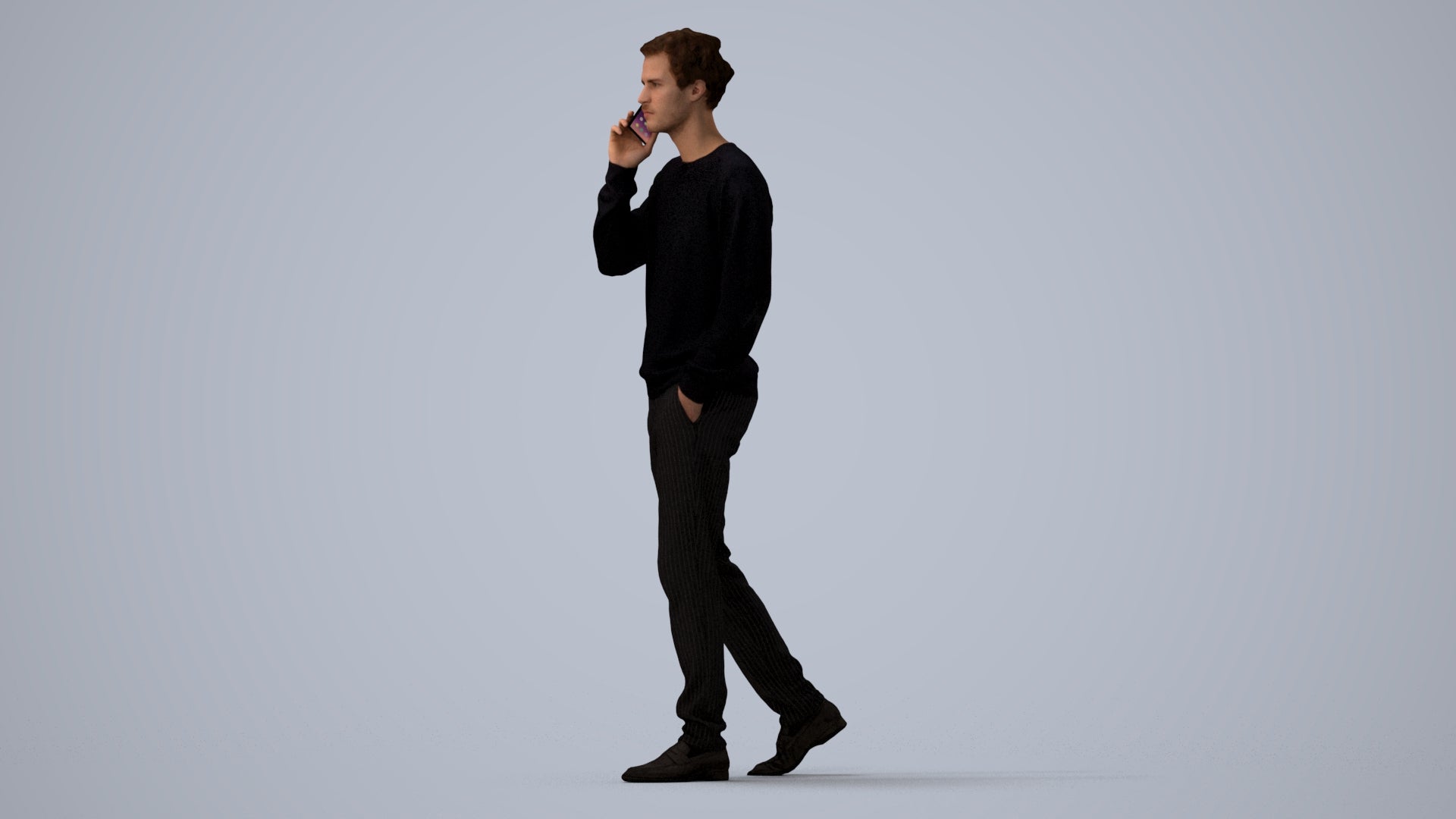 3D human model man casual walking, photogrammetry scanned person for archviz, three-quarter view render