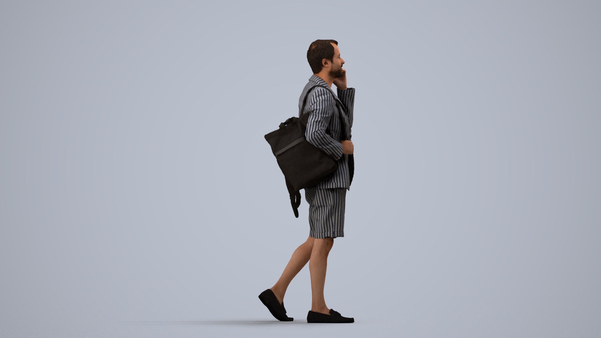 3D human model man business walking, photogrammetry scanned person for archviz, side view render