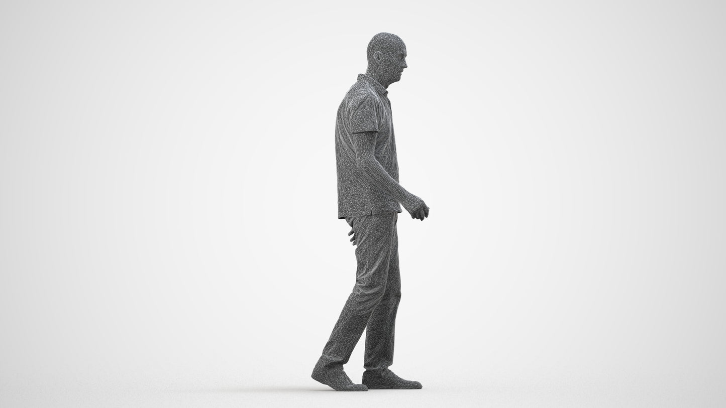 scanned 3D senior man casual walking, photogrammetry people for Enscape and V-Ray, wireframe side view