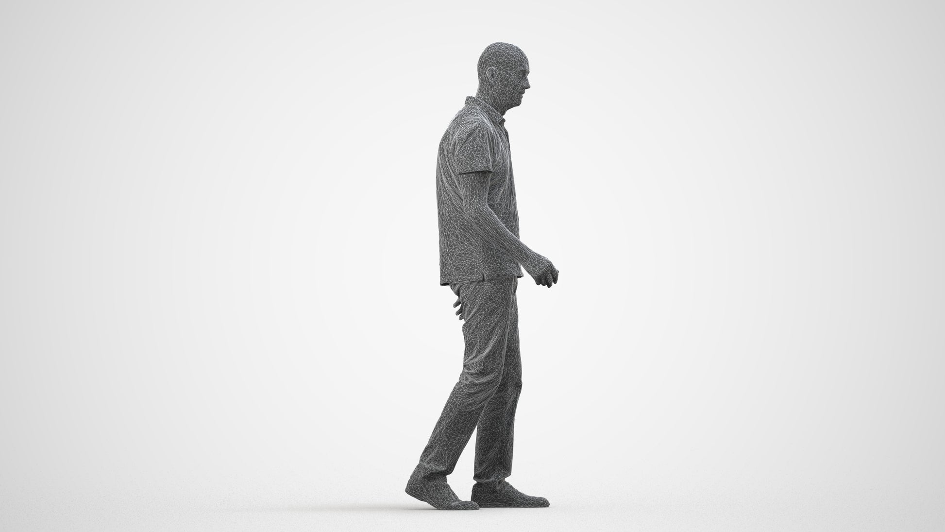 scanned 3D senior man casual walking, photogrammetry people for Enscape and V-Ray, wireframe side view