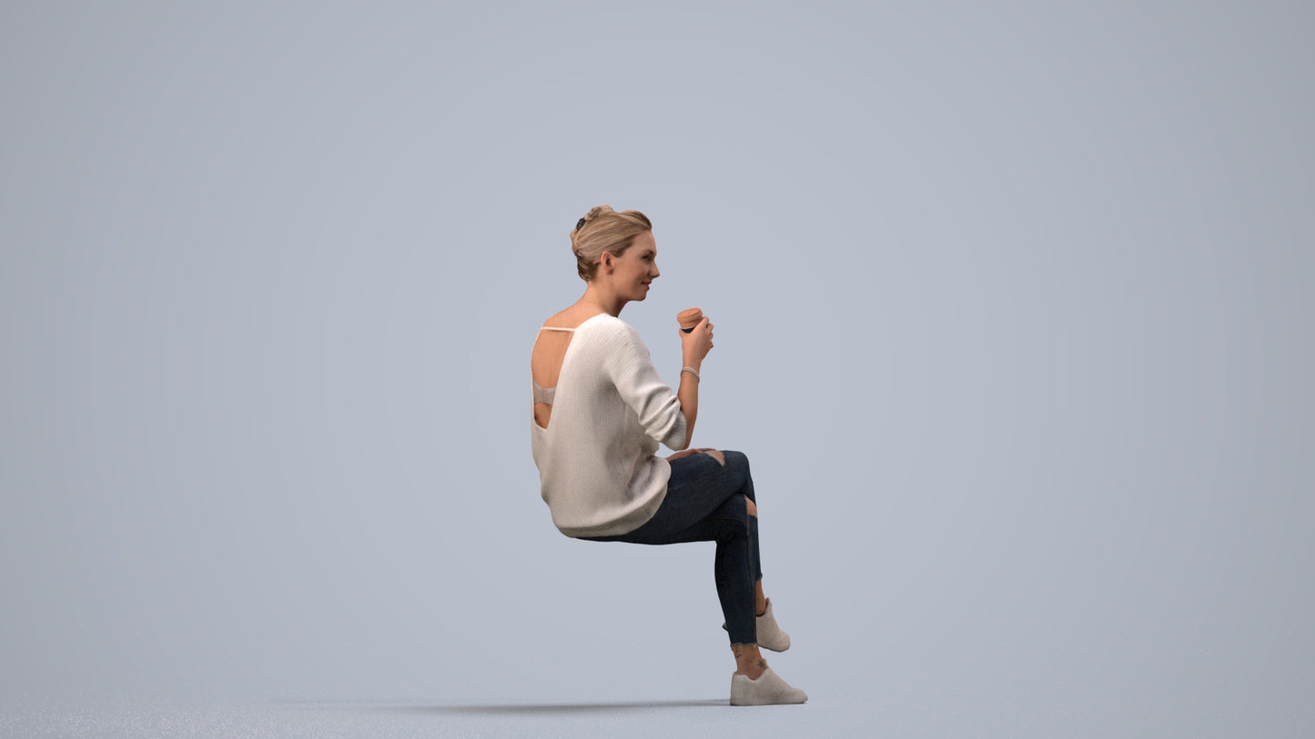 scanned 3D woman casual sitting, photogrammetry people for Enscape and V-Ray, side view render