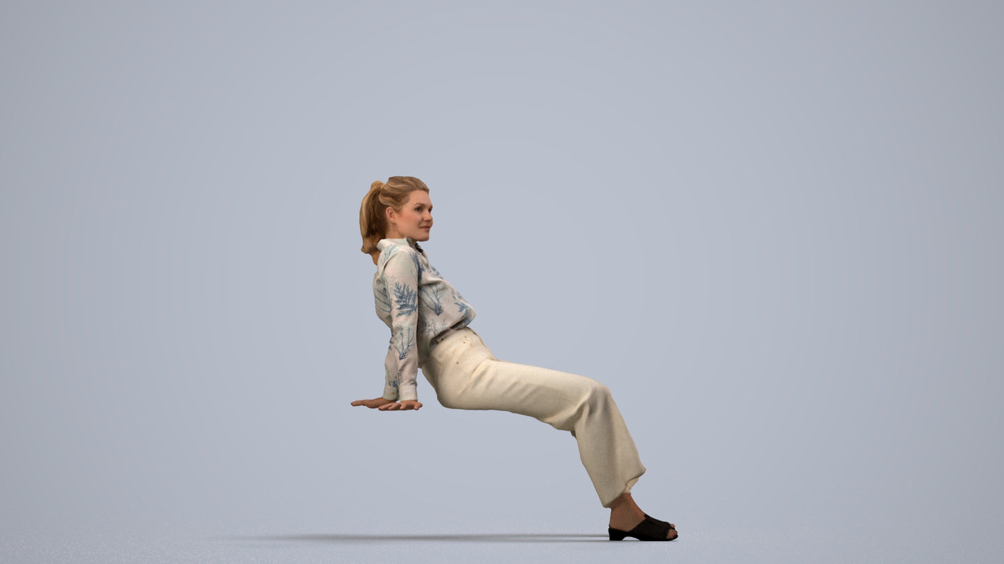 3D scanned woman sitting casual, photorealistic archviz people for Enscape and SketchUp, side view render
