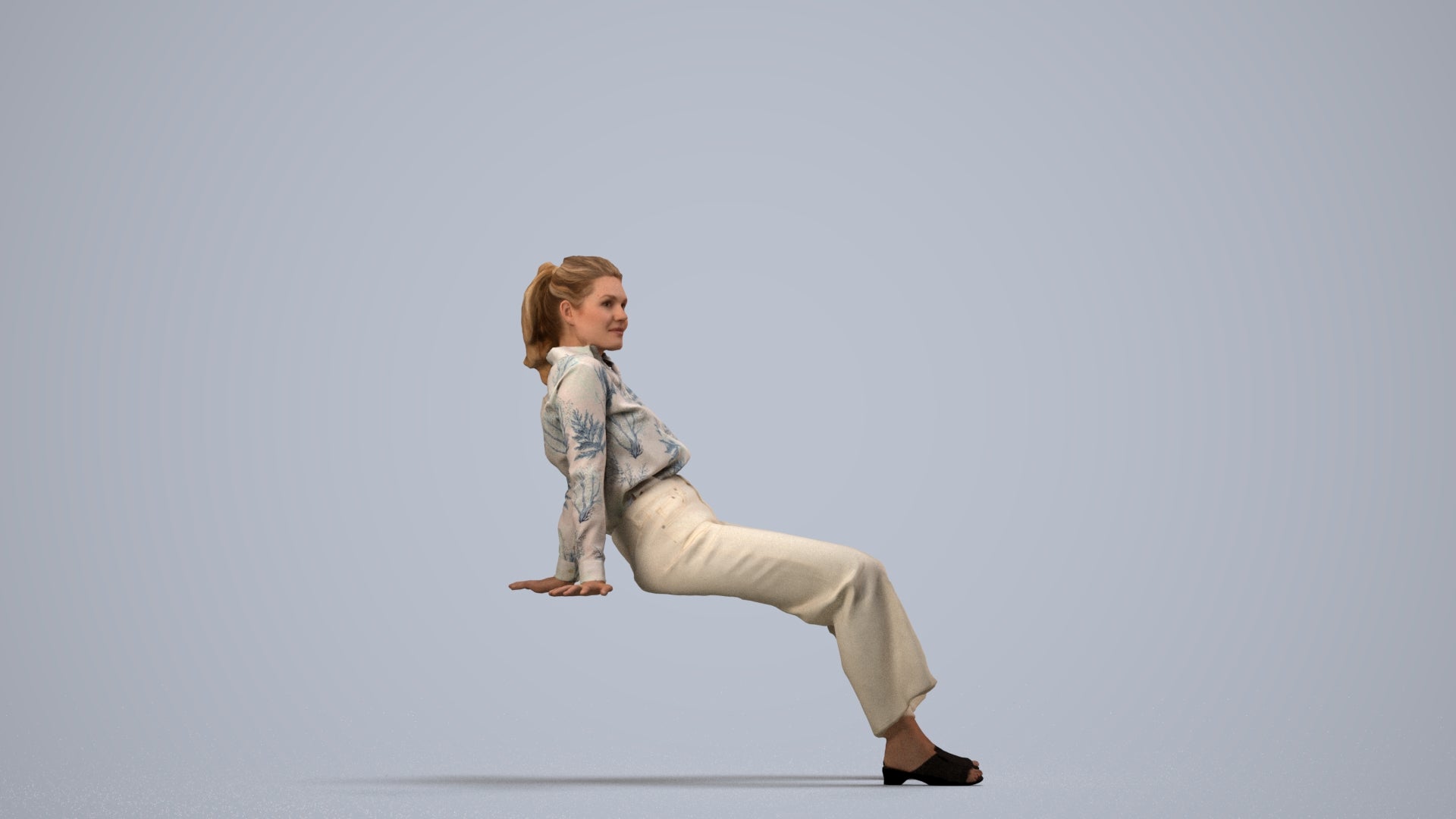3D scanned woman sitting casual, photorealistic archviz people for Enscape and SketchUp, side view render