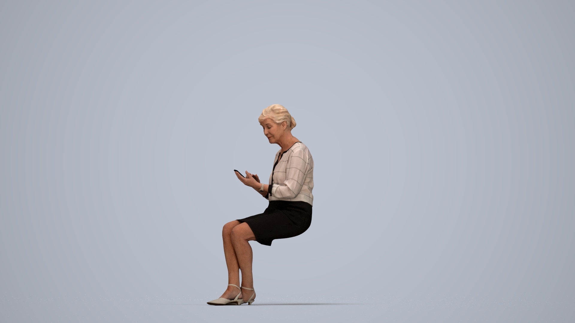 scanned 3D senior woman business sitting, photogrammetry people for Enscape and V-Ray, top-down view render