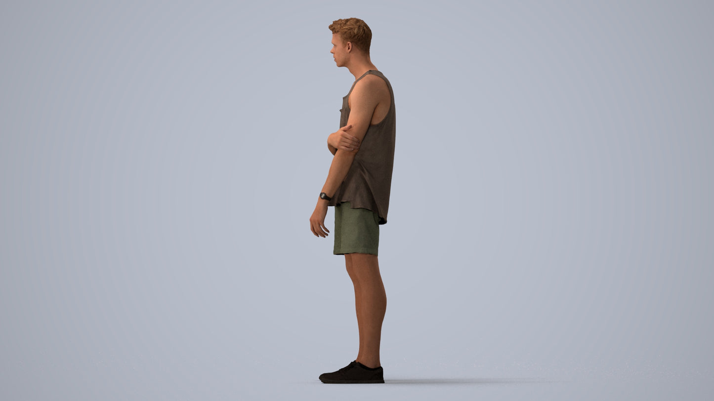 3D human model man casual standing, photogrammetry scanned person for archviz, three-quarter view render