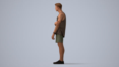 3D human model man casual standing, photogrammetry scanned person for archviz, three-quarter view render