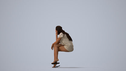 realistic 3D human woman casual sitting, archviz people FBX OBJ for Blender, three-quarter view render