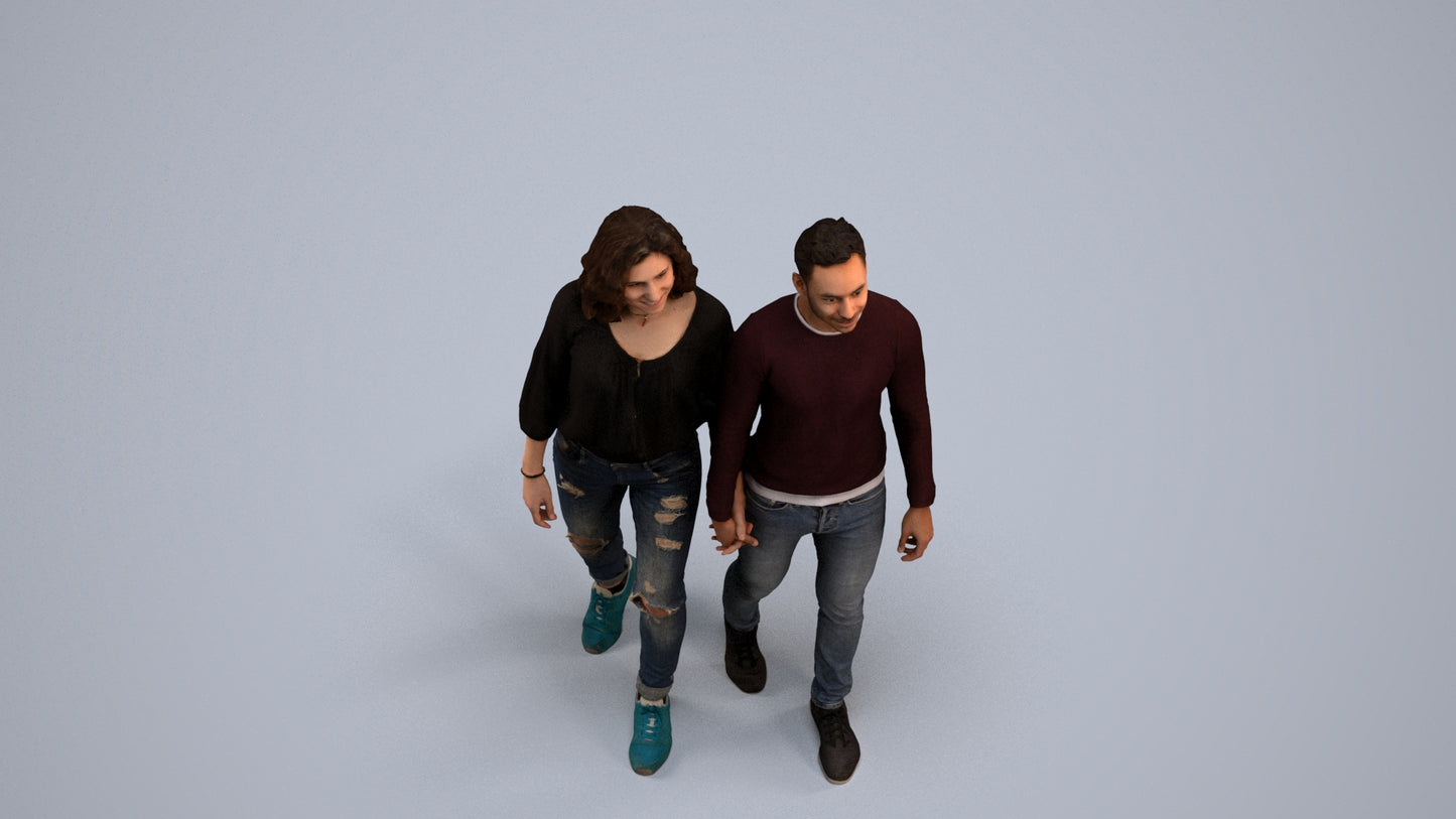 realistic 3D woman casual couple, scanned archviz people for Blender and 3ds Max, back view render