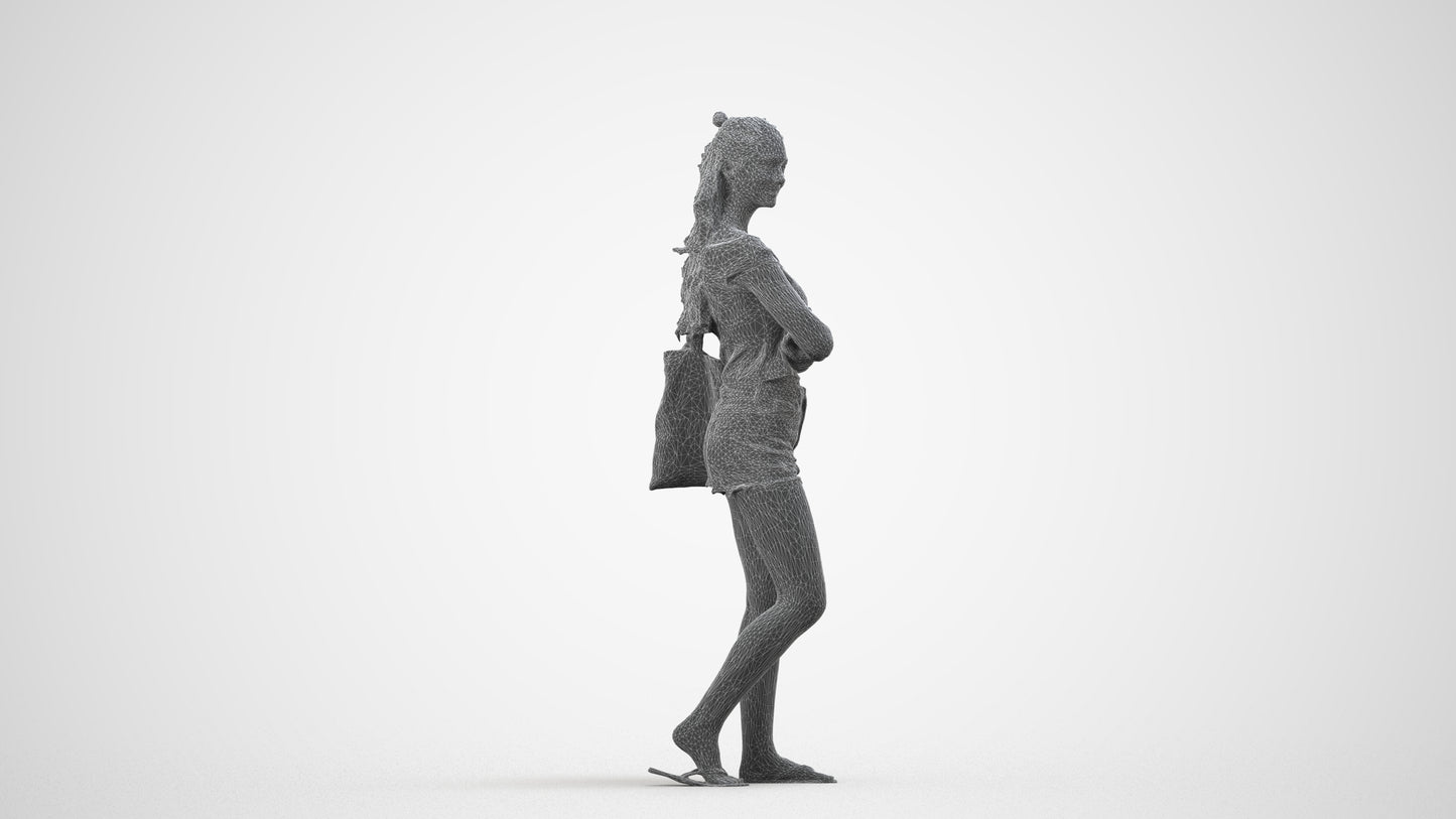 photogrammetry 3D girl casual standing, realistic human model archviz FBX, wireframe side view