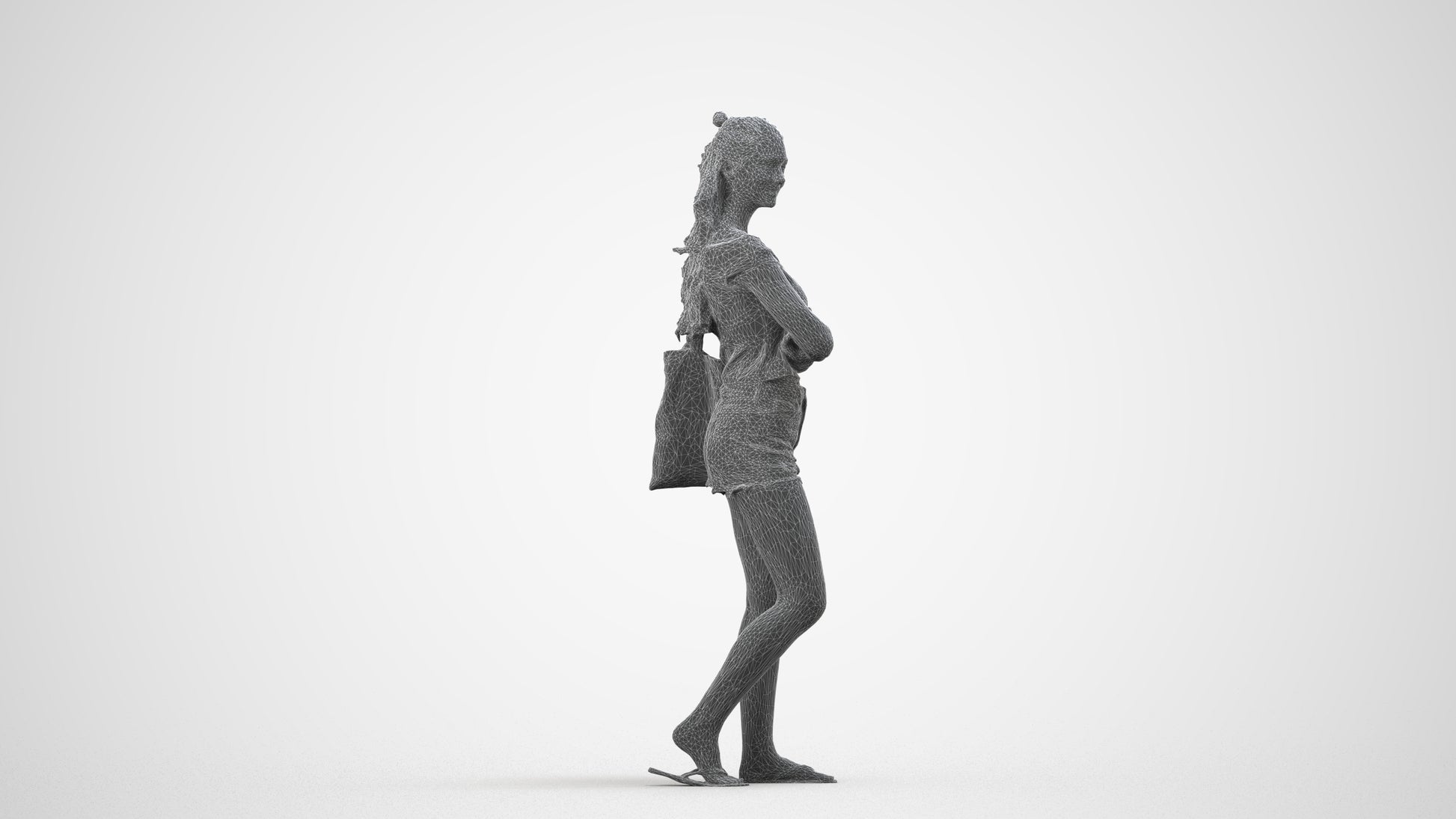 photogrammetry 3D girl casual standing, realistic human model archviz FBX, wireframe side view