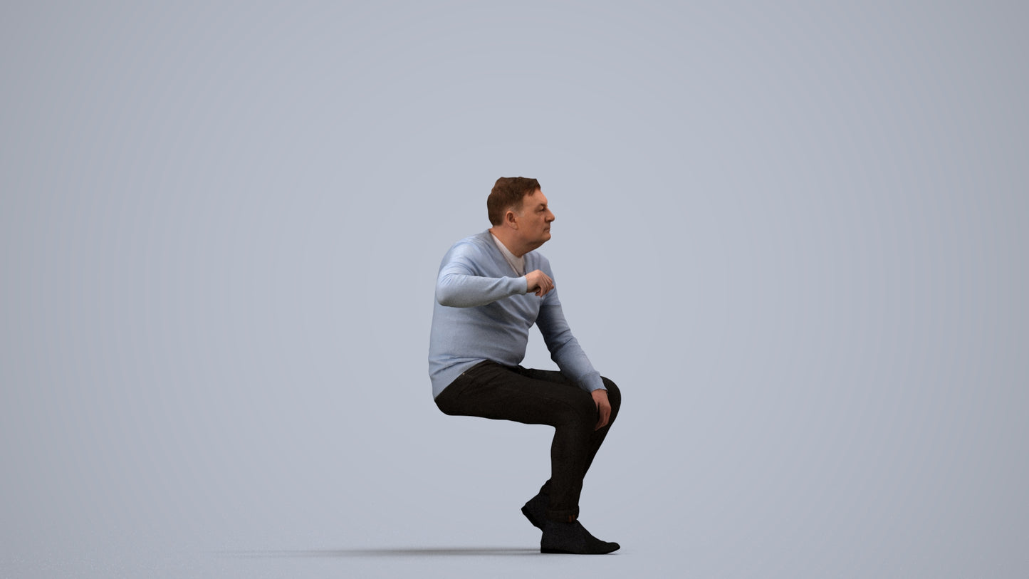 realistic 3D human man casual sitting, archviz people FBX OBJ for Blender, side view render