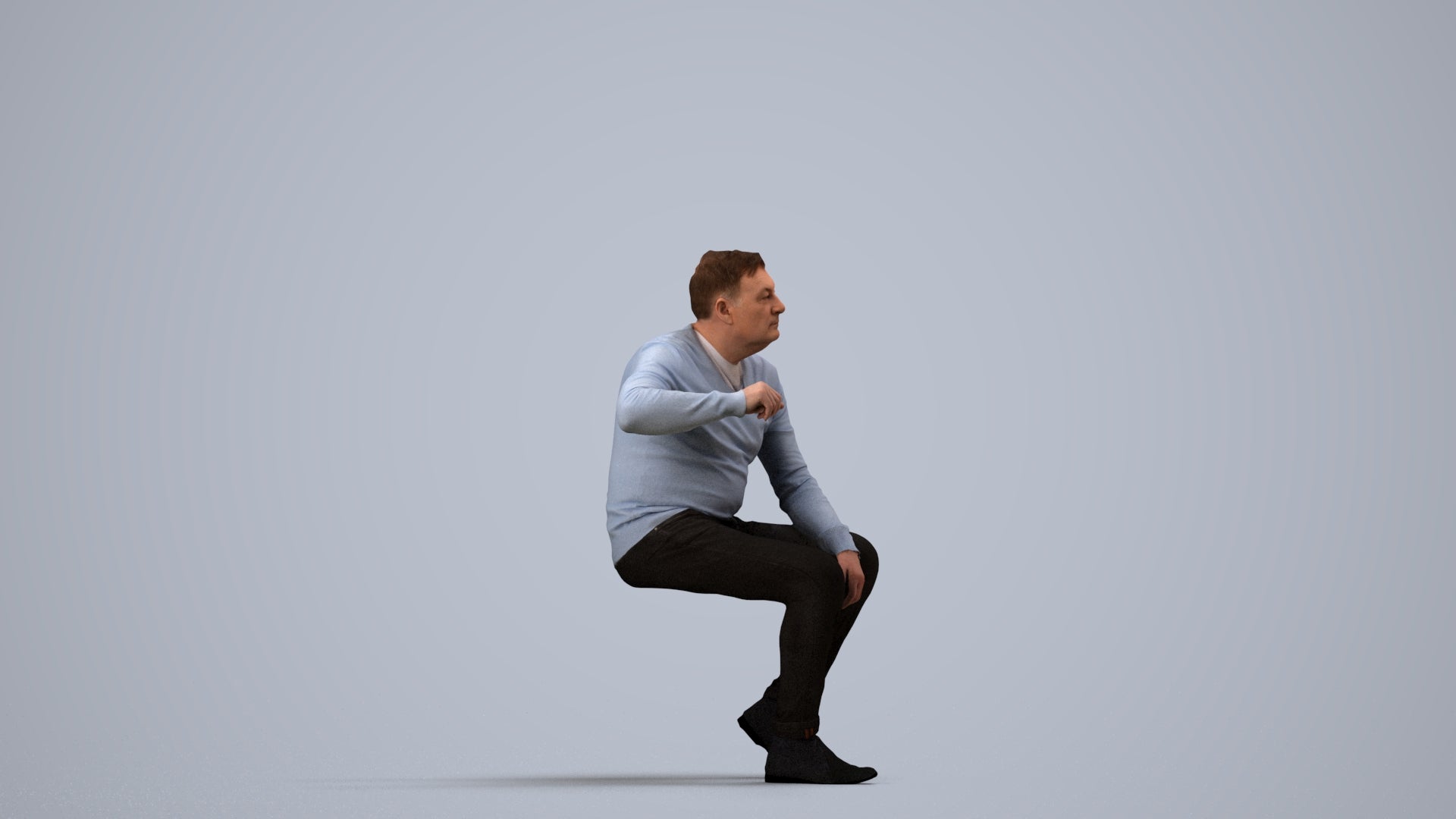 realistic 3D human man casual sitting, archviz people FBX OBJ for Blender, side view render