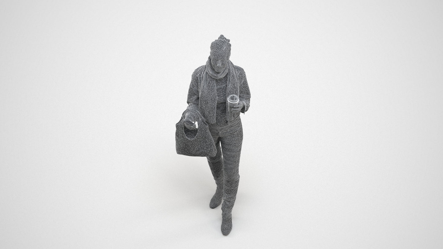 realistic 3D people woman casual standing, render-ready for V-Ray and Corona, FBX OBJ, wireframe three-quarter view