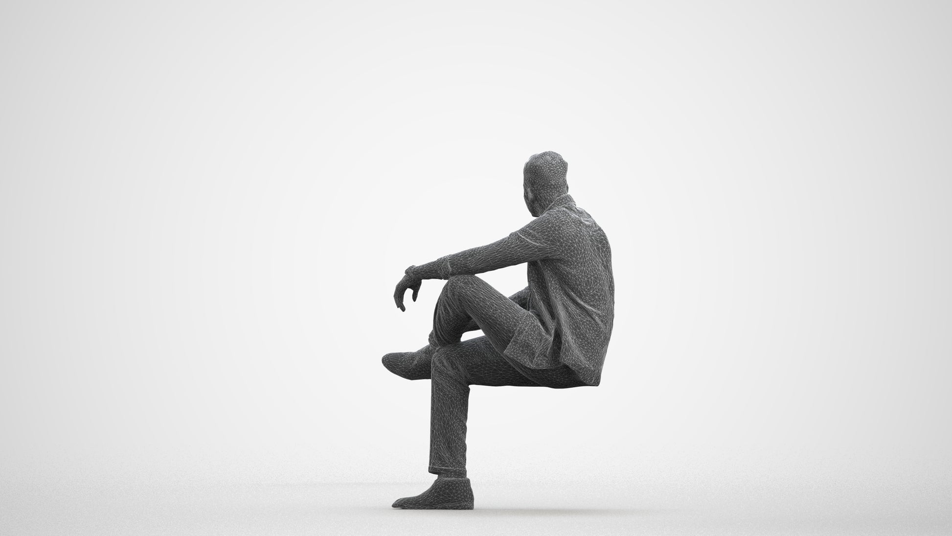 scanned 3D man casual sitting, photogrammetry people for Enscape and V-Ray, wireframe front view