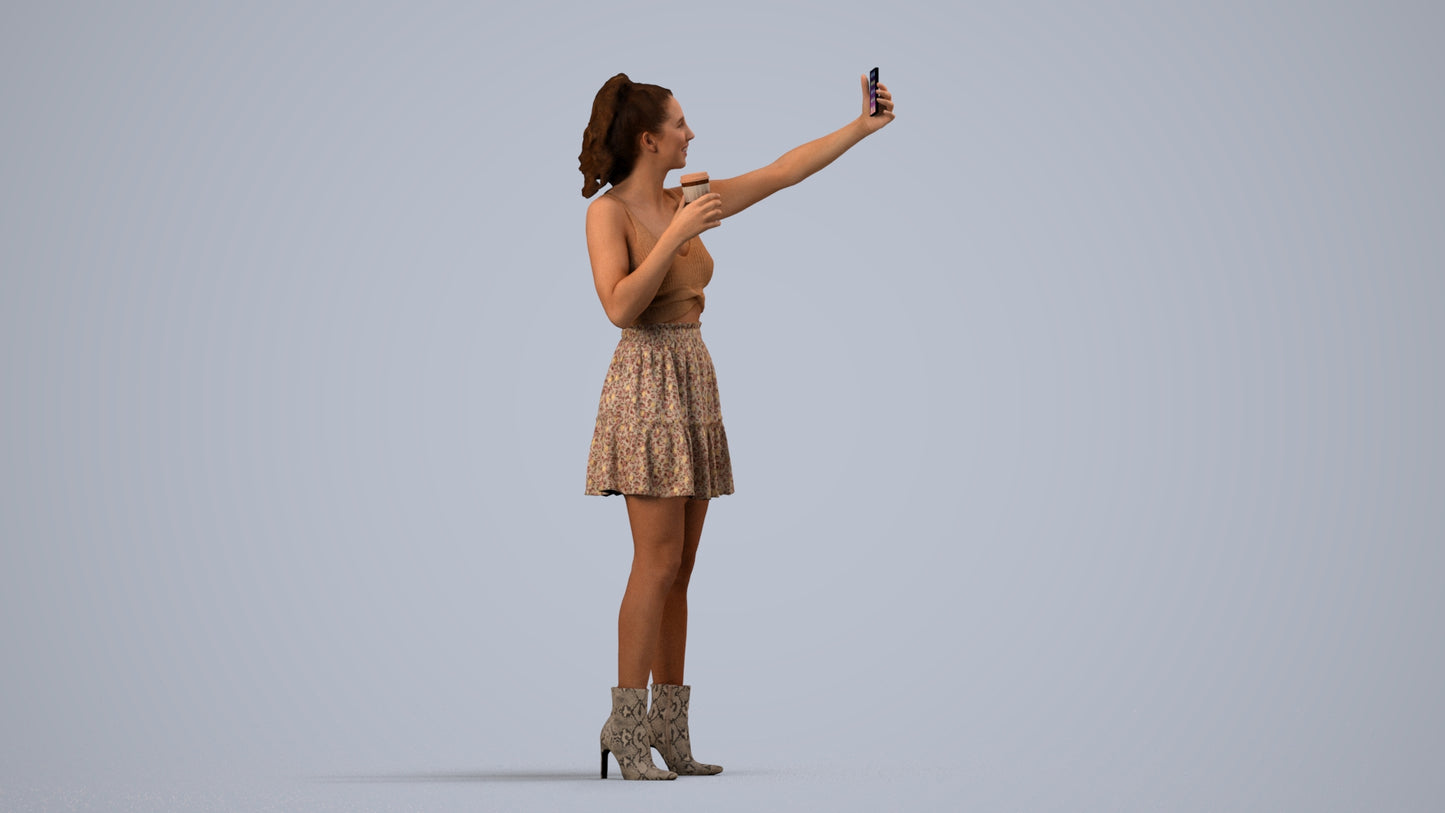 3D human model woman casual standing, photogrammetry scanned person for archviz, side view render