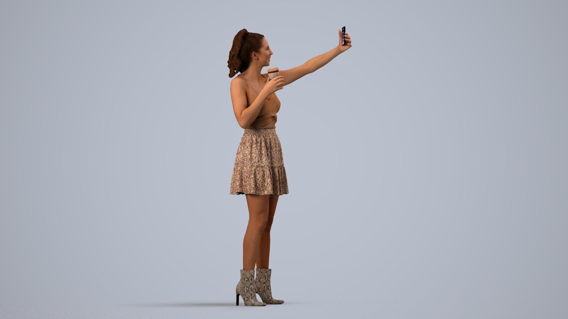 3D human model woman casual standing, photogrammetry scanned person for archviz, side view render