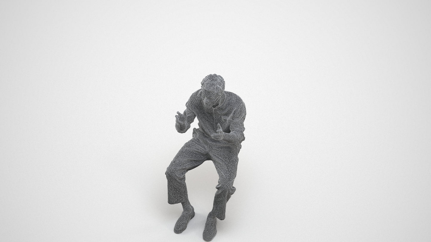3D scanned man sitting casual, photorealistic archviz people for Enscape and SketchUp, wireframe three-quarter view