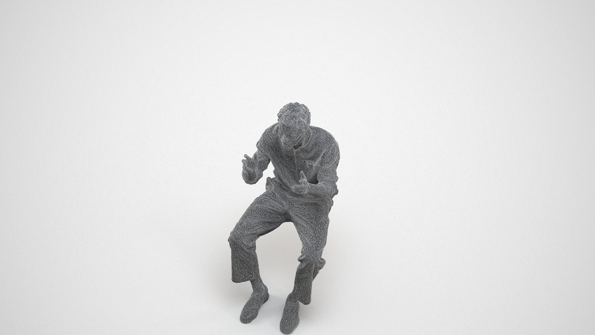 3D scanned man sitting casual, photorealistic archviz people for Enscape and SketchUp, wireframe three-quarter view