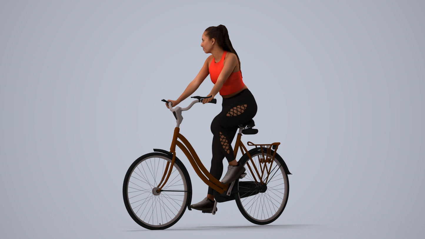 realistic 3D people woman sport cycling, render-ready for V-Ray and Corona, FBX OBJ, three-quarter view render
