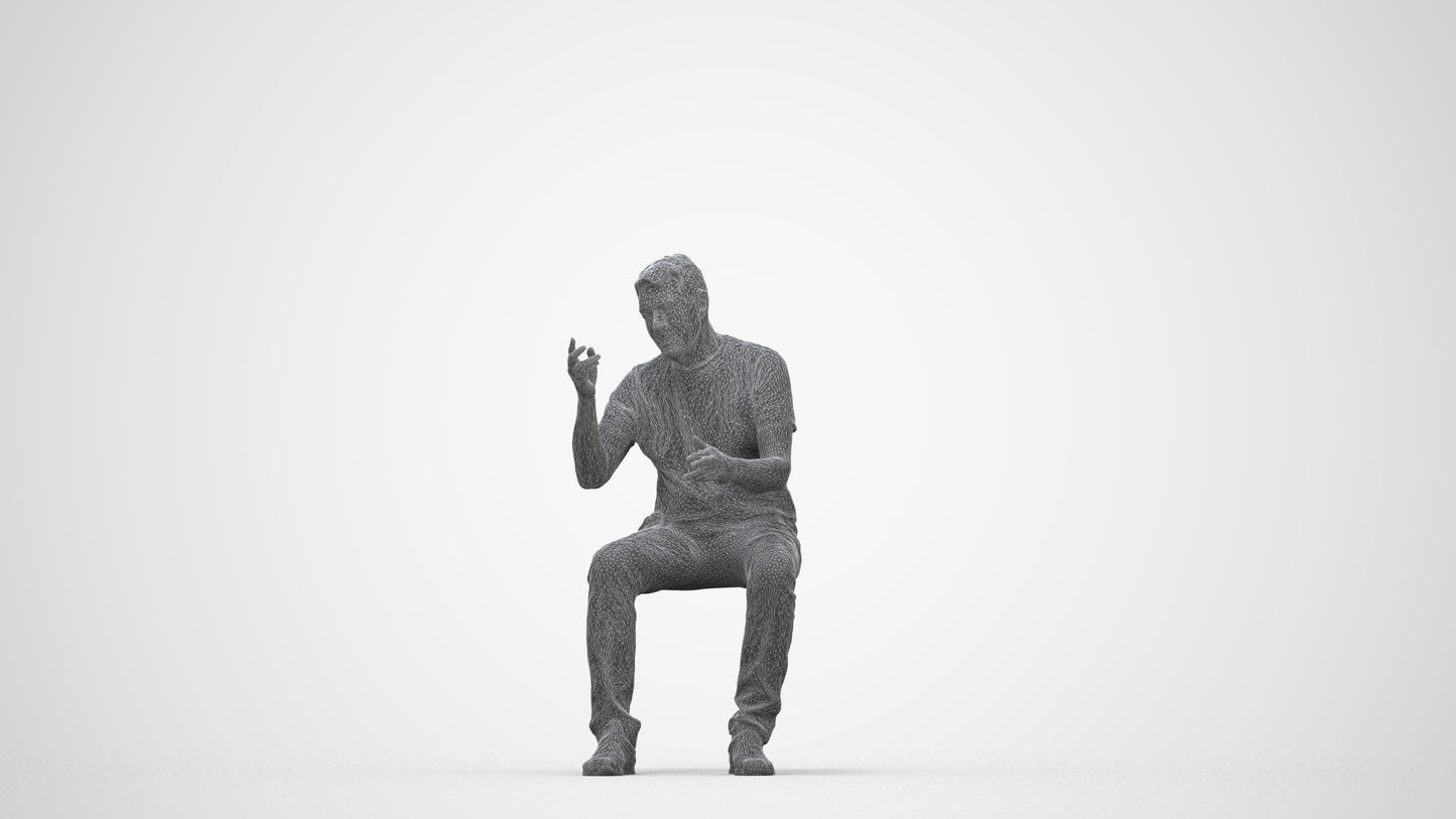 3D human model senior man casual sitting, photogrammetry scanned person for archviz, wireframe back view