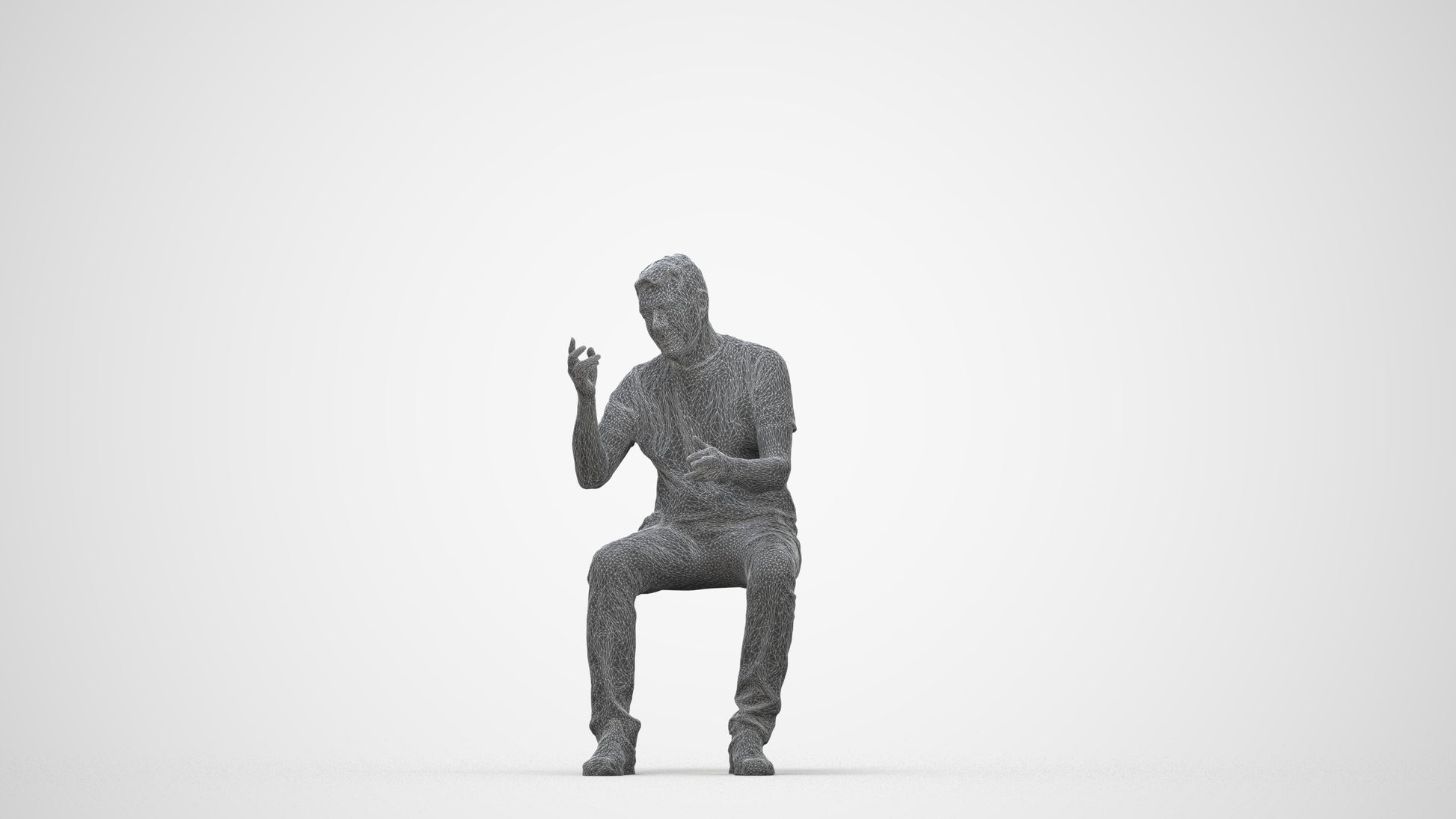 3D human model senior man casual sitting, photogrammetry scanned person for archviz, wireframe back view