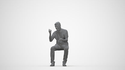 3D human model senior man casual sitting, photogrammetry scanned person for archviz, wireframe back view