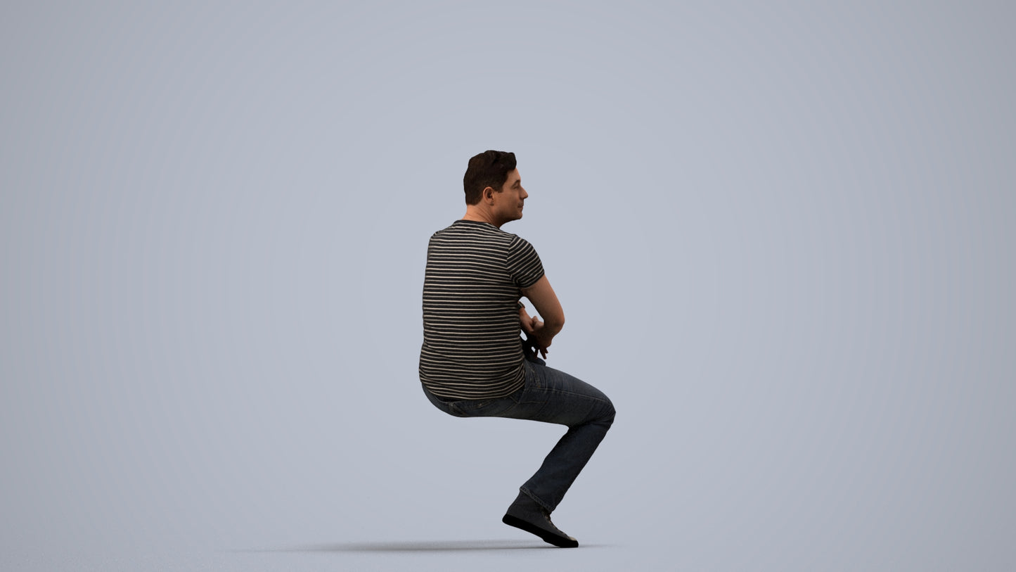 realistic 3D man casual sitting, scanned archviz people for Blender and 3ds Max, side view render