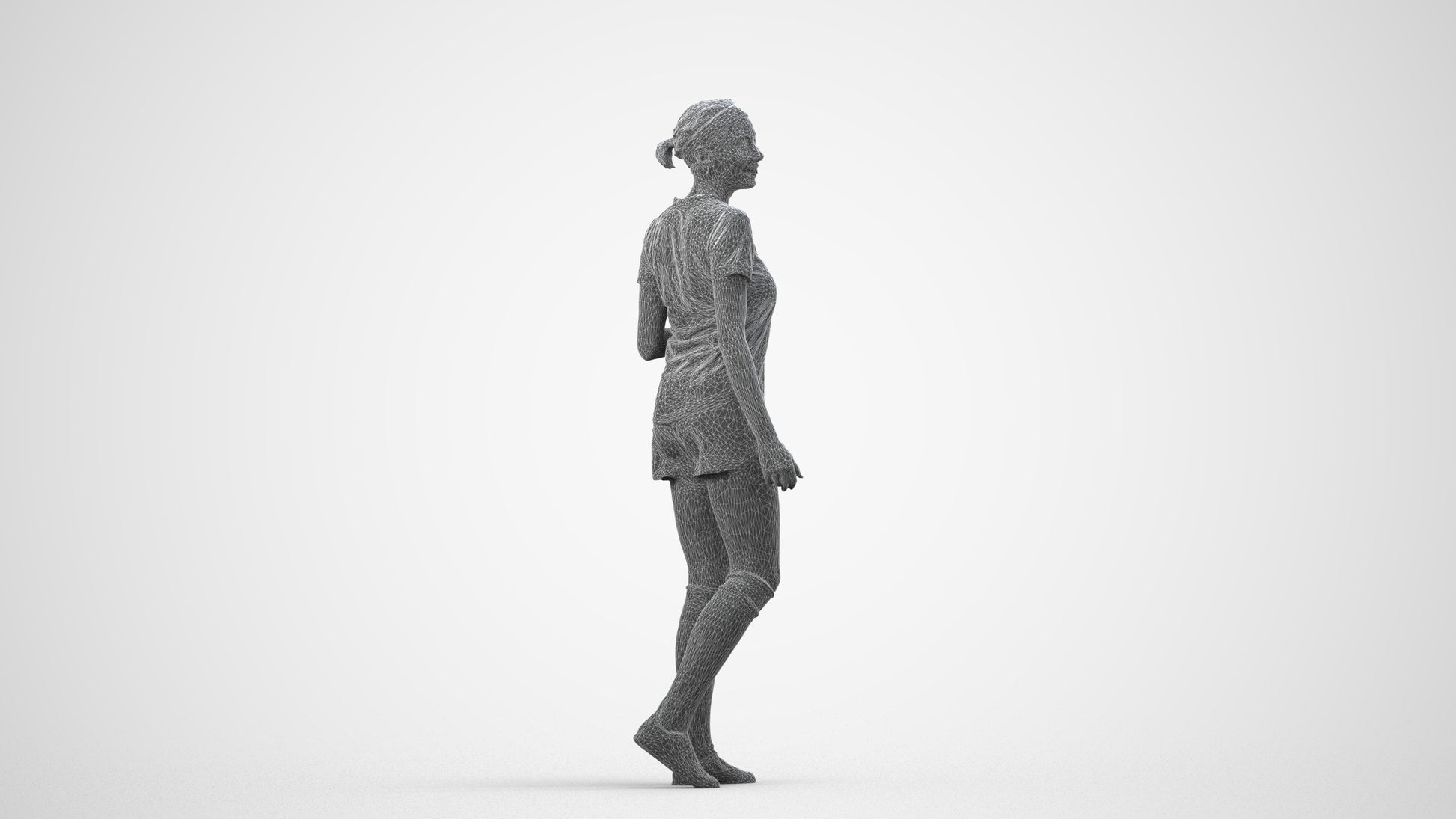3D human model woman sport, photogrammetry scanned person for archviz, wireframe side view