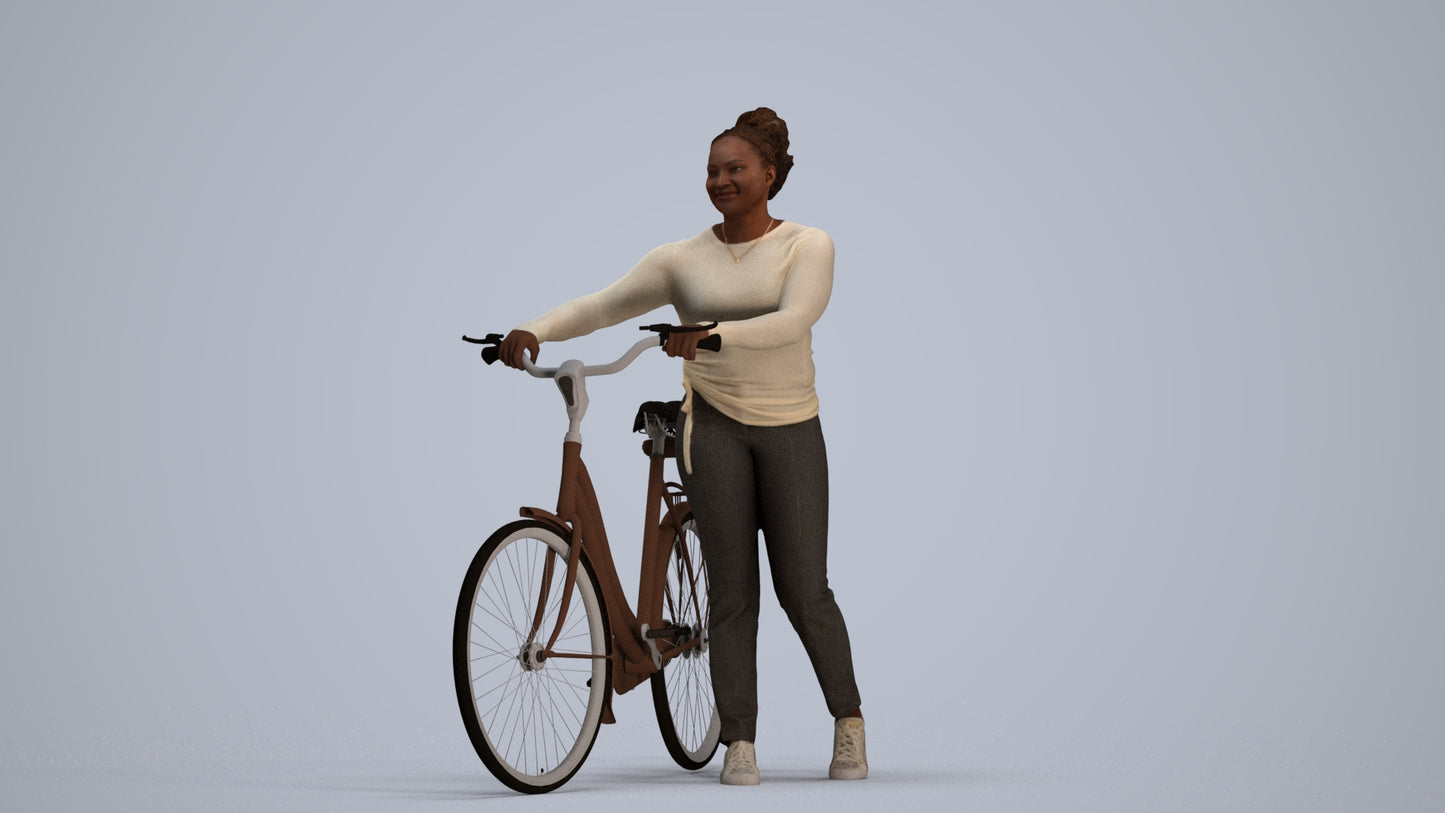 realistic 3D woman casual cycling, scanned archviz people for Blender and 3ds Max, standing pose render