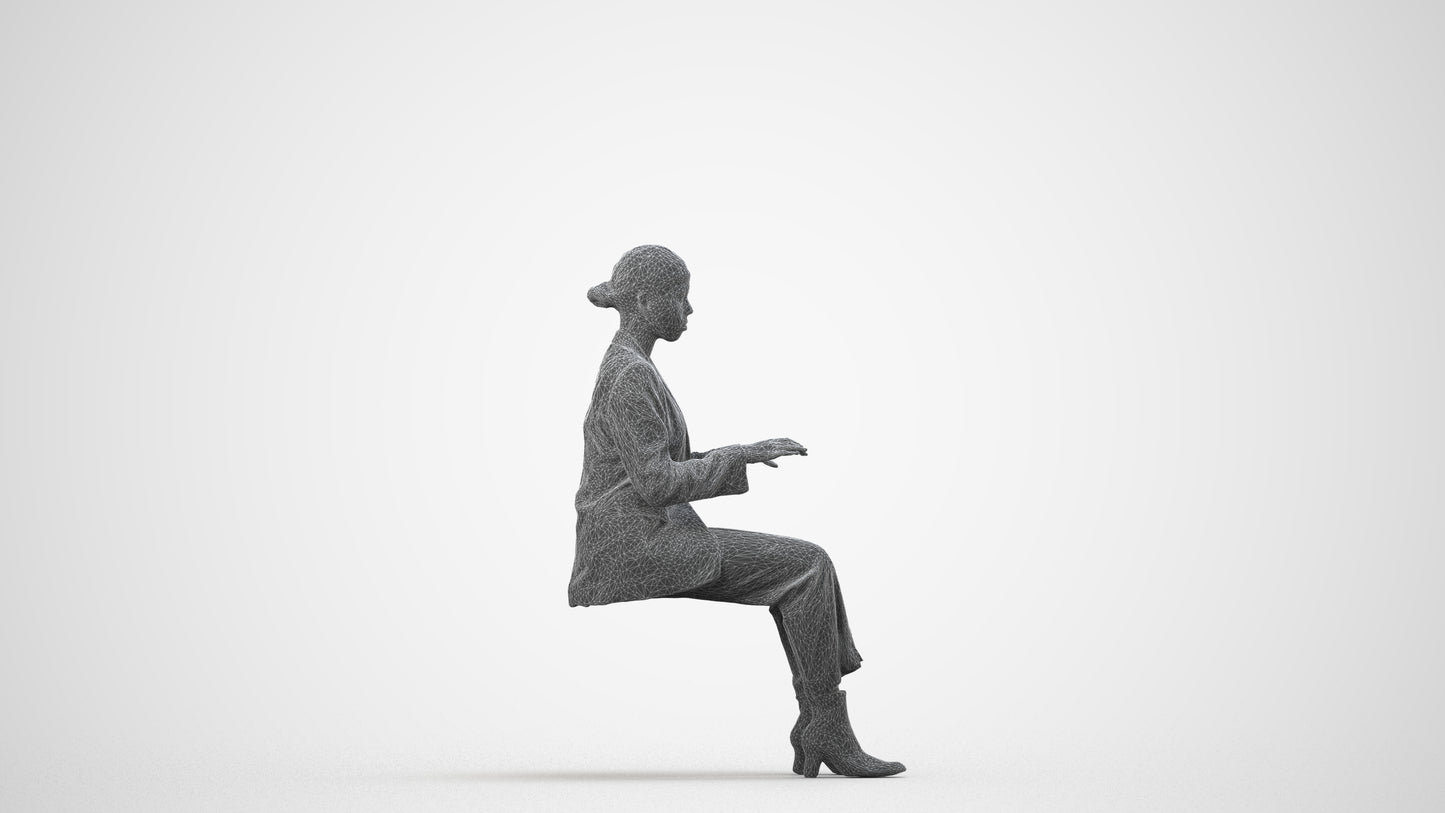 3D human model woman business, photogrammetry scanned person for archviz, wireframe side view