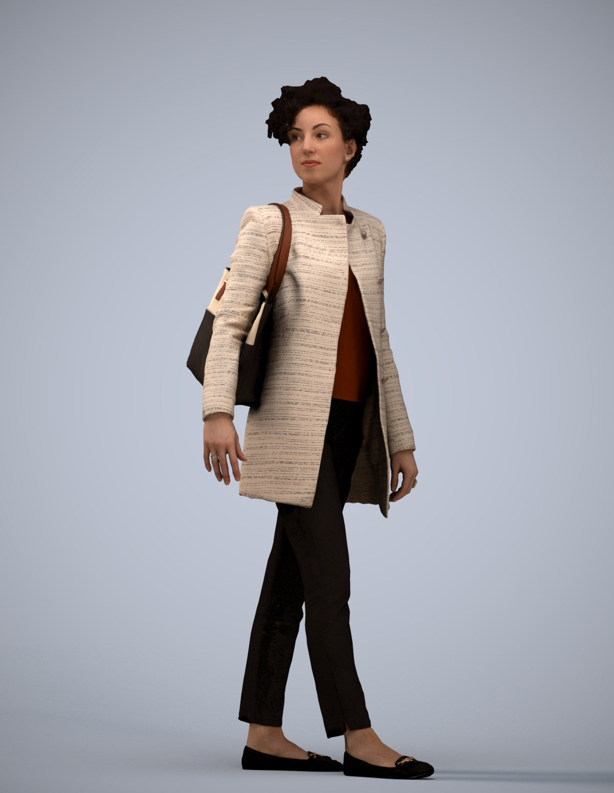 3D human model woman business walking, photogrammetry scanned person for archviz