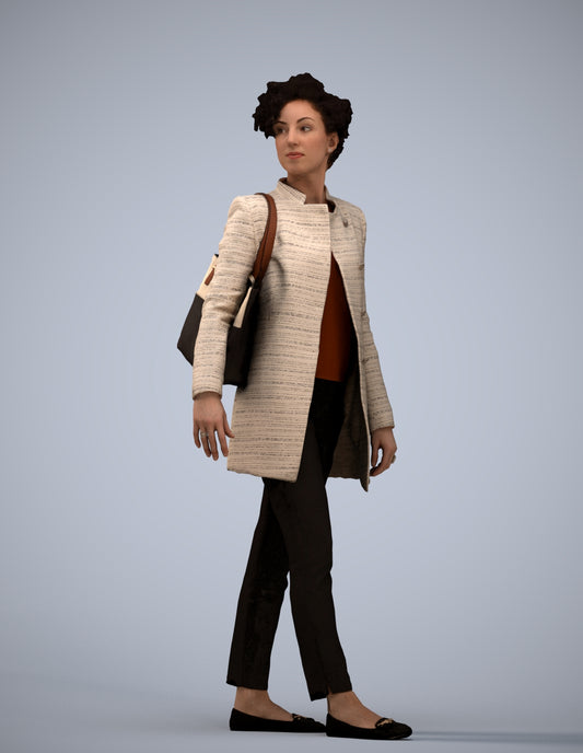 3D human model woman business walking, photogrammetry scanned person for archviz