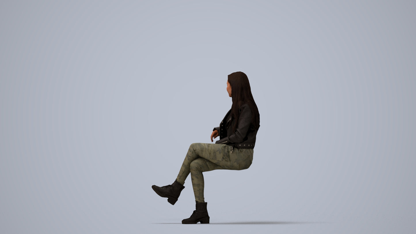 3D scanned woman sitting casual, photorealistic archviz people for Enscape and SketchUp, three-quarter view render