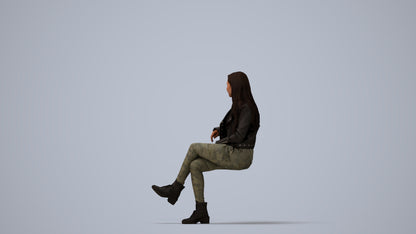 3D scanned woman sitting casual, photorealistic archviz people for Enscape and SketchUp, three-quarter view render