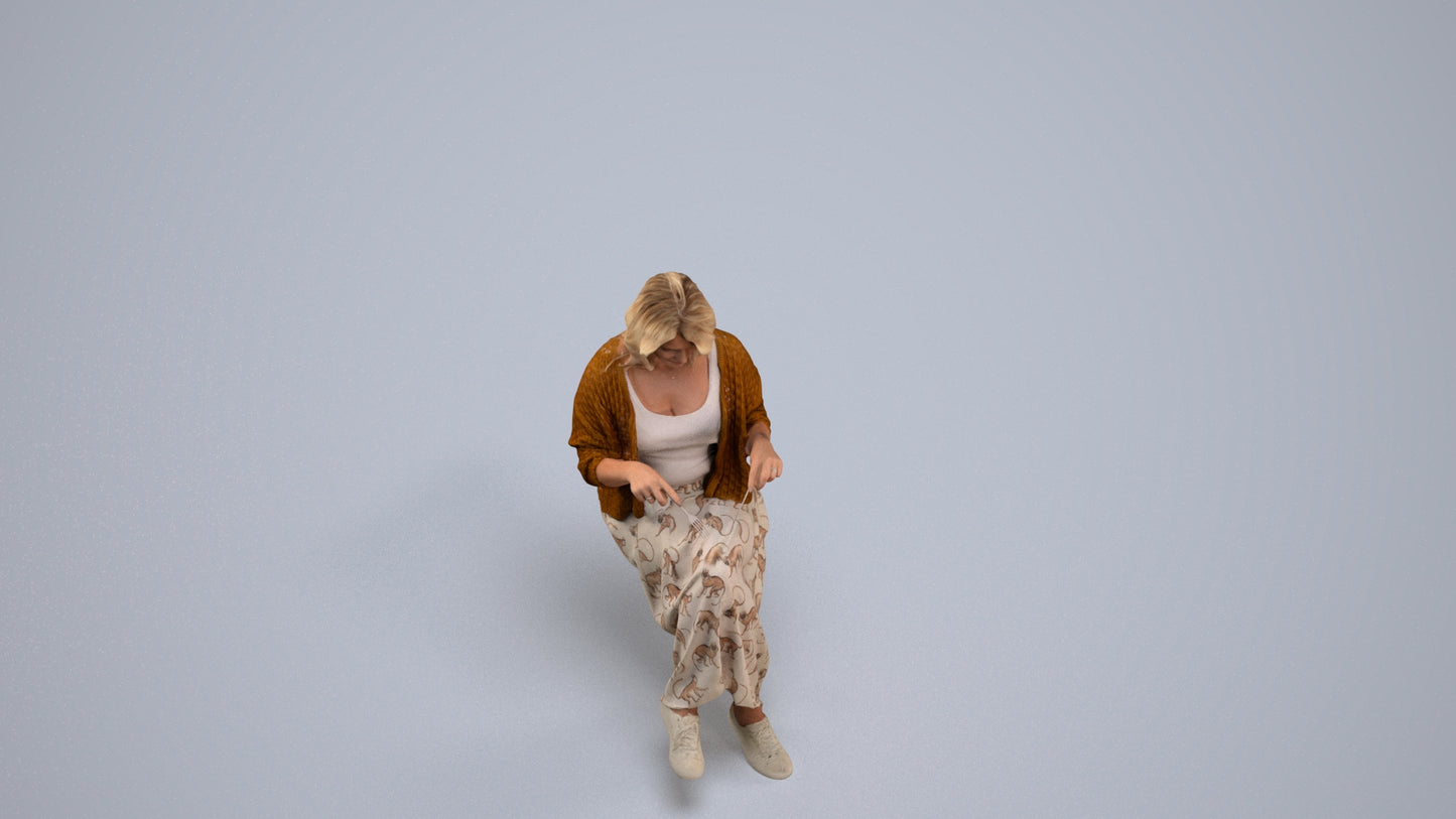 photogrammetry 3D woman casual sitting, realistic human model archviz FBX, back view render