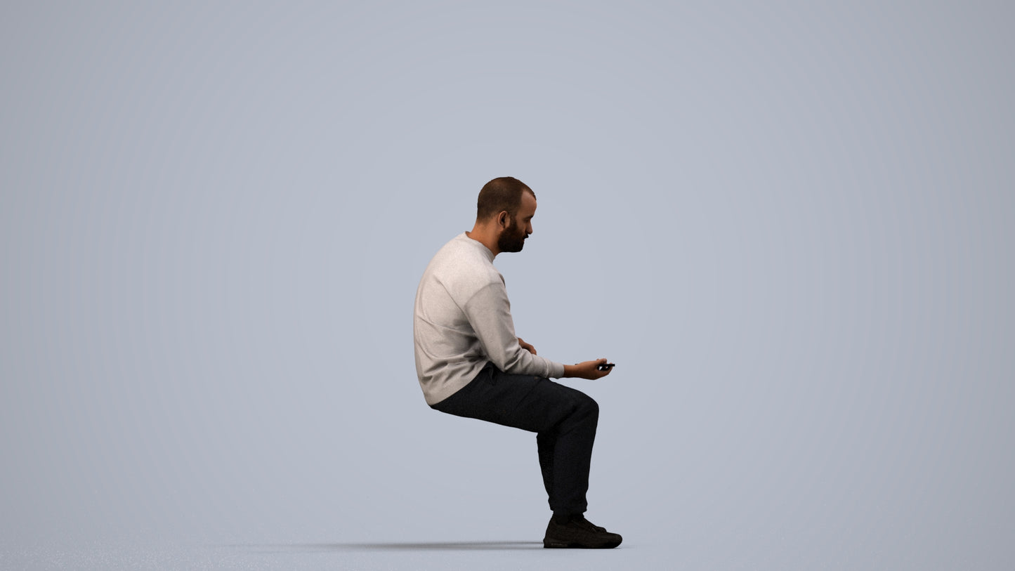 3D people model man casual sitting, scanned human for 3ds Max rendering, side view render
