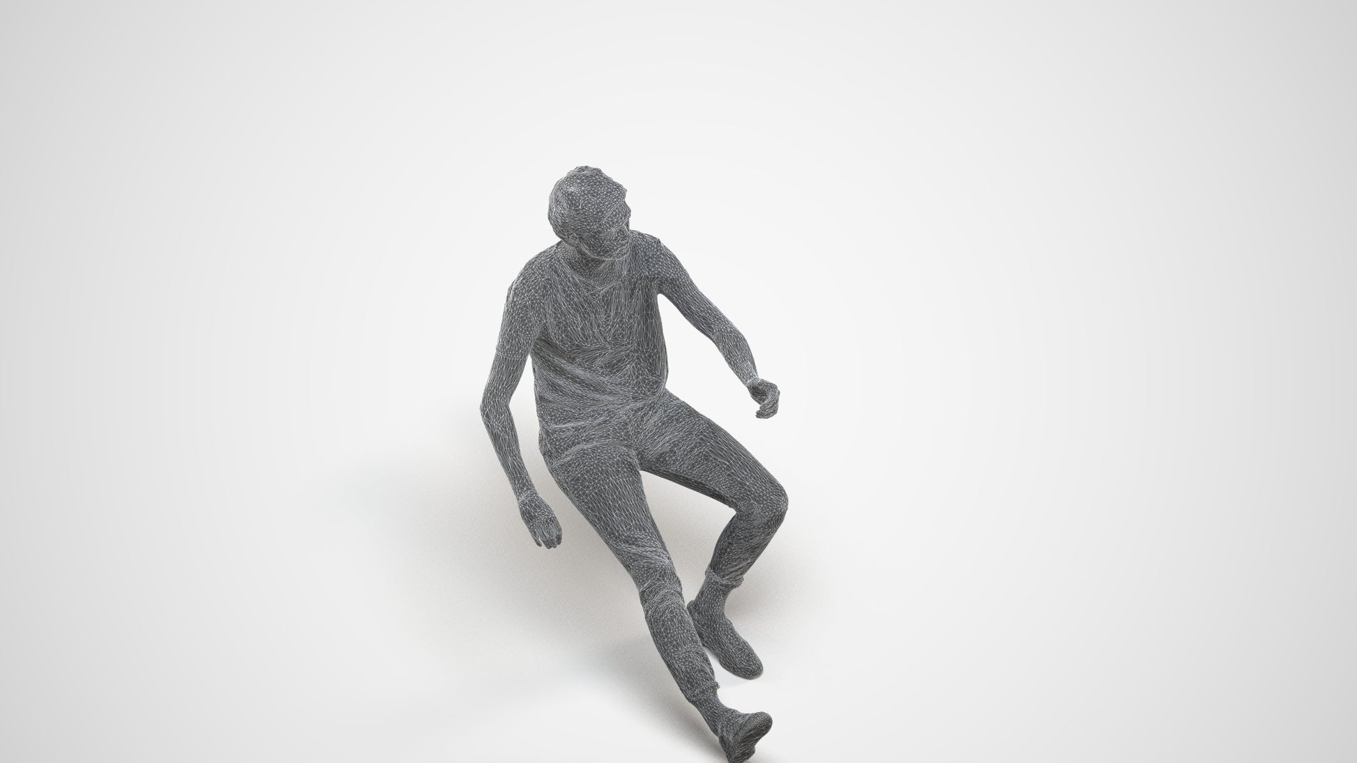 3D people model man casual sitting, scanned human for 3ds Max rendering, wireframe three-quarter view