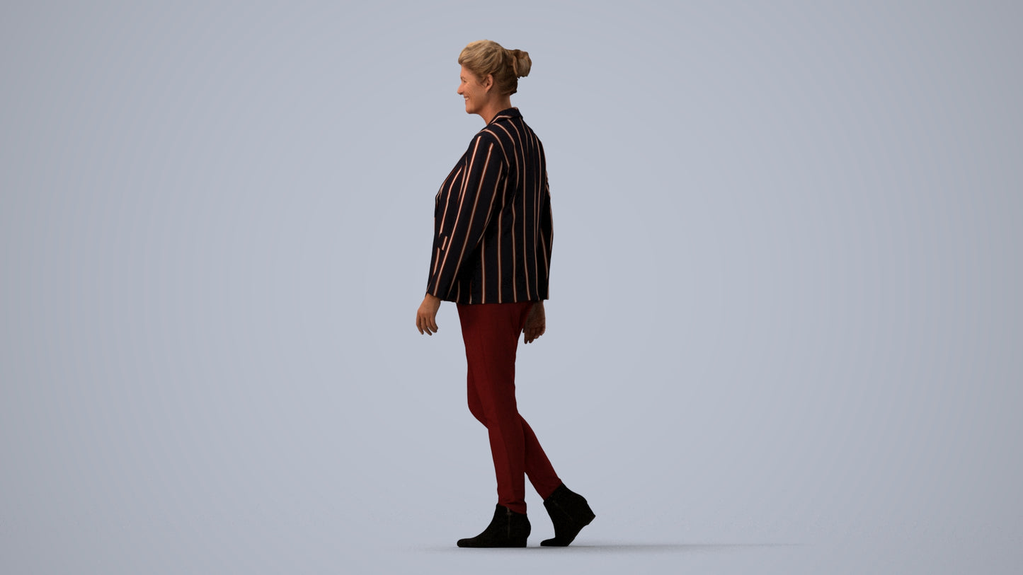 3D scanned woman walking business, photorealistic archviz people for Enscape and SketchUp, three-quarter view render