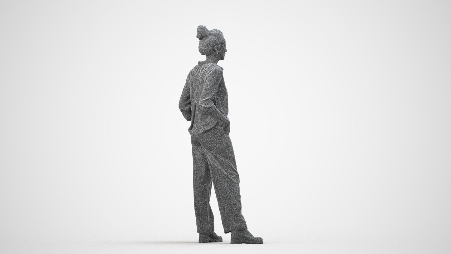 scanned 3D woman casual standing, photogrammetry people for Enscape and V-Ray, wireframe side view