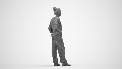scanned 3D woman casual standing, photogrammetry people for Enscape and V-Ray, wireframe side view