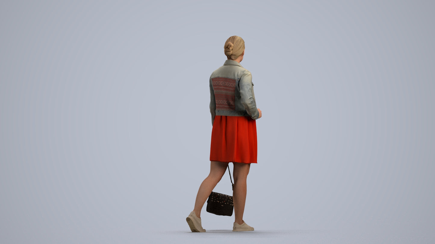 3D human model woman casual walking, photogrammetry scanned person for archviz, front view render
