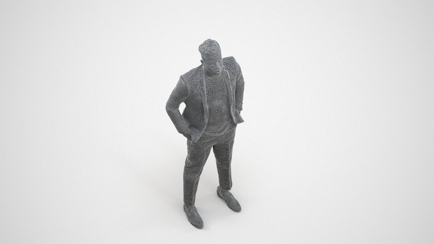 3D human model man casual formalaffairs, photogrammetry scanned person for archviz, wireframe three-quarter view