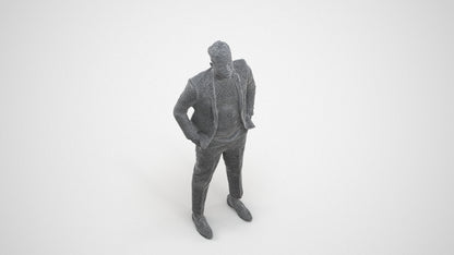 3D human model man casual formalaffairs, photogrammetry scanned person for archviz, wireframe three-quarter view